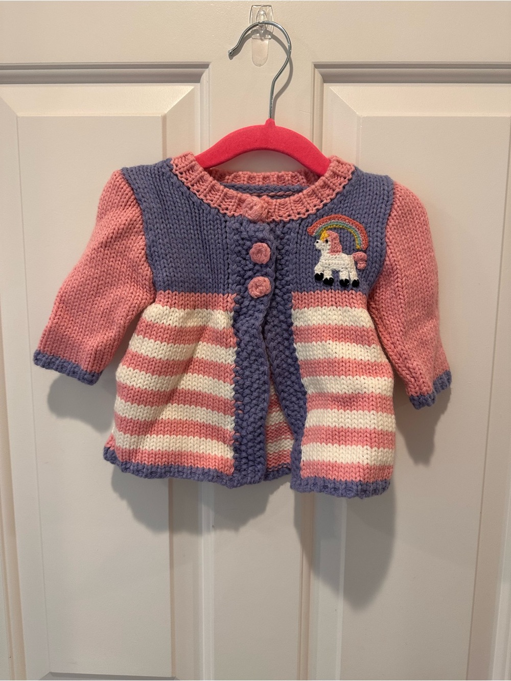 Knit Baby Cardigan with Unicorn & Rainbow - Pink, Purple, Cream
